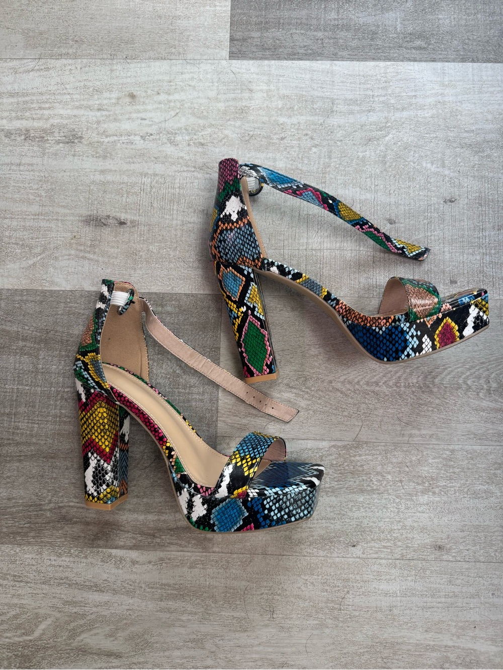 Women’s Multicolor Snake-Print Ankle Strap Heels